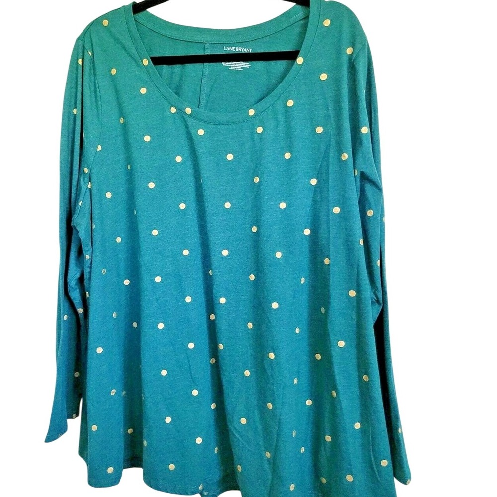 Lane Bryant 22/24 Green with Gold Dots  Round Neck Long Sleeve‎ Top Shirt Blouse